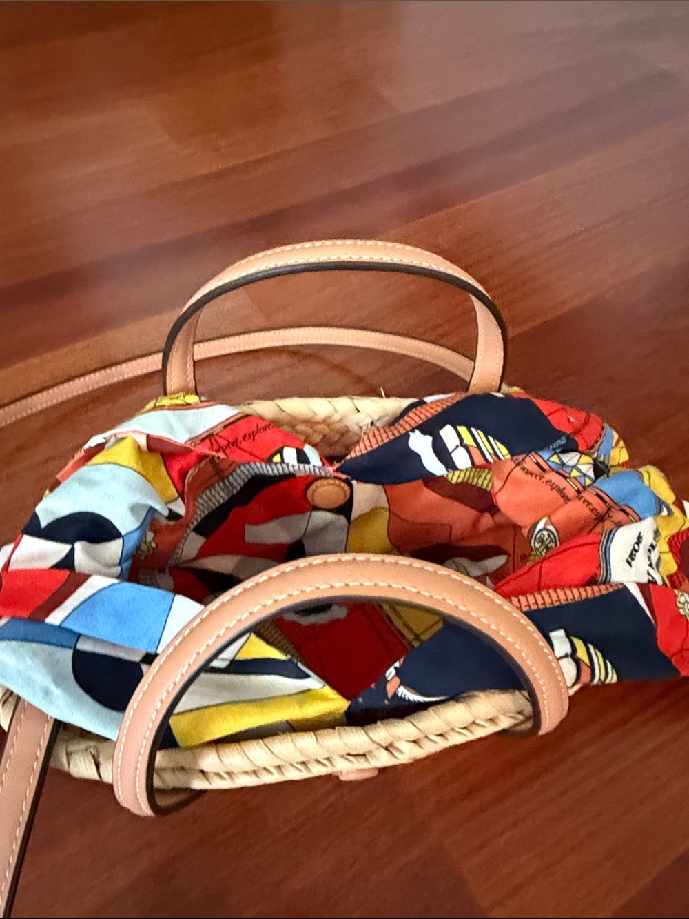 Tory Burch Straw Mini Basket Bag with Pink Leather Trim and Multicolor Scarf - Picture 6 of 9